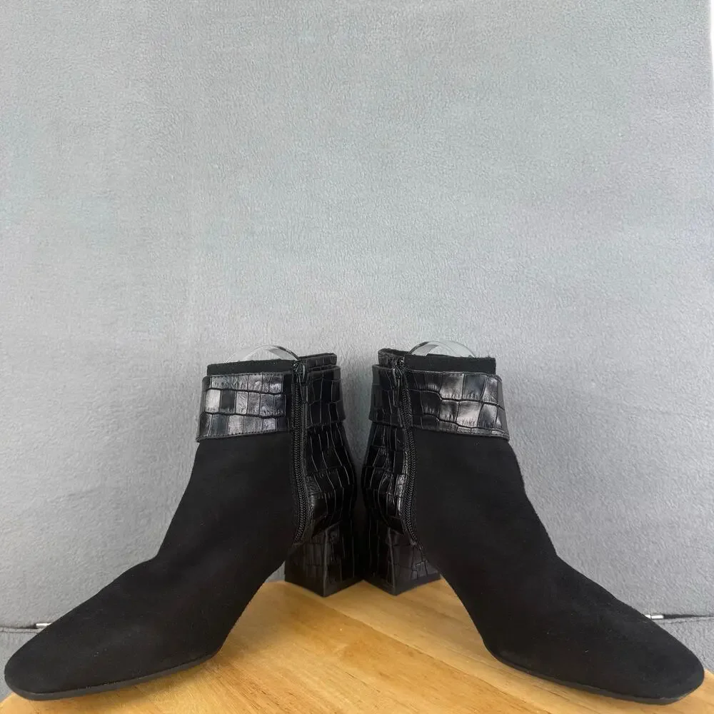 Ron White Linzi Onyx Ankle Boot Cashmere Suede Croc Embossed Size 37.5 EU / 7 US